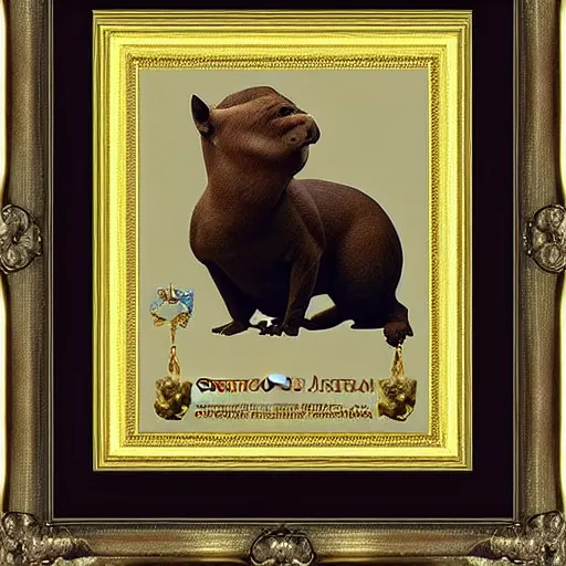 Prompt: portrait of capibara dressed as The president of Argentina in a Golden frame honorific hyper detailed