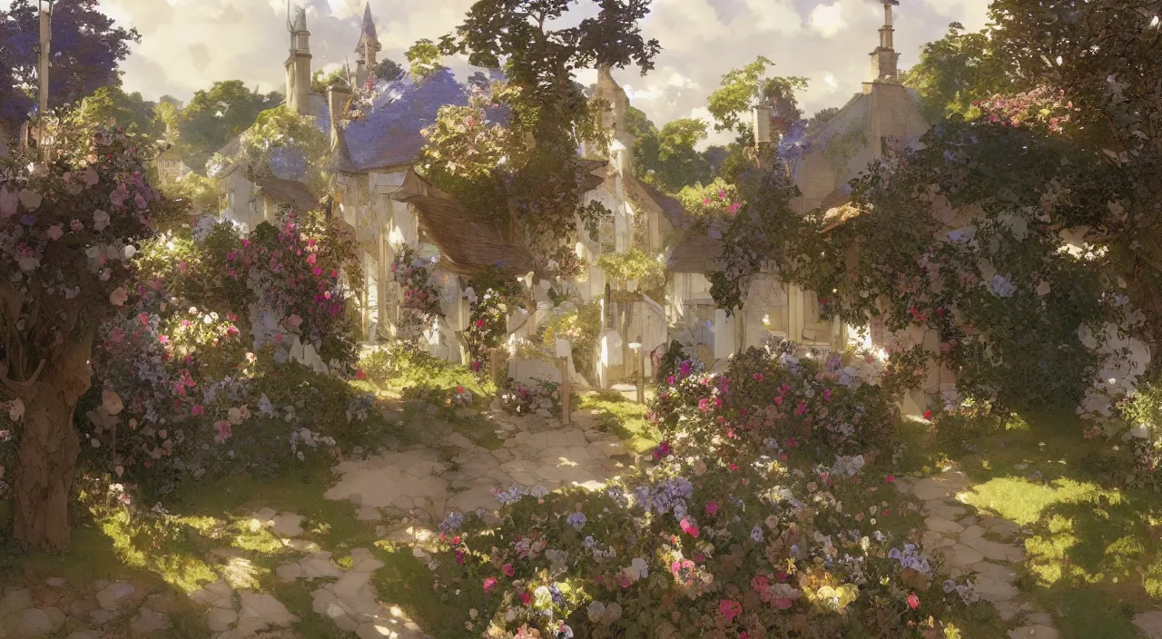 Prompt: A beautiful landscape painting of a small English village by Alfons Maria Mucha and Julie Dillon and Makoto Shinkai