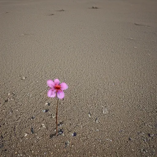 Image similar to a single small pretty flower blooms in the middle of a bleak arid empty desert, sand dunes