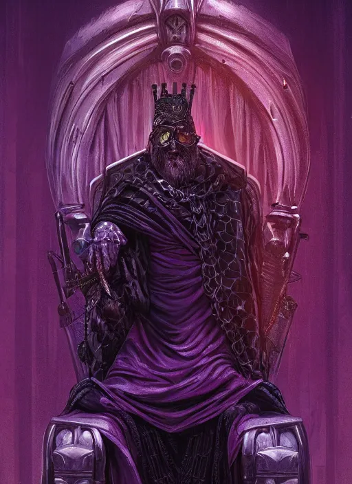 Prompt: a full length portrait of an old medieval king on the cyberpunk throne, dark purple color scheme, grim - lighting, high - contrast, intricate, elegant, highly detailed, digital painting, artstation, concept art, smooth, sharp focus, illustration