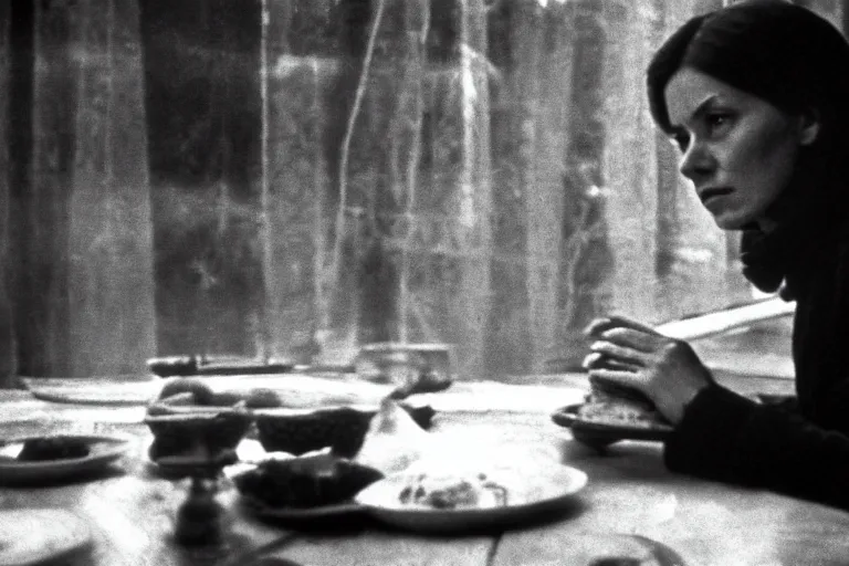 Image similar to soviet movie still a soviet woman sitting at a table next to the window with food, dark warm light, a character portrait by margarita terekhova, movie stalker solaris film still by andrei tarkovsky, 8 k, 1 9 8 4, close - up bokeh, gelios lens, color, noir