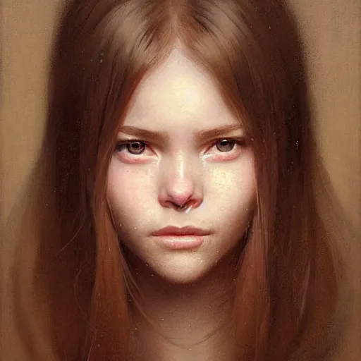 Image similar to Facial portrait of a cute shy girl, looking at the camera, slight awkward smile, lips slightly parted, no hands visible,, intricate, extremely detailed painting by Greg Rutkowski and by Henry Justice Ford and by Steve Henderson and Jean Giraud