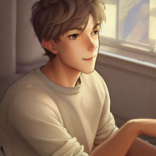 Image similar to young man with short, ash blond greyish hair, light brown eyes, casual clothes, hanging out on a bed, path traced, highly detailed, high quality, digital painting, by don bluth and ross tran and studio ghibli and alphonse mucha, sylvain sarrailh