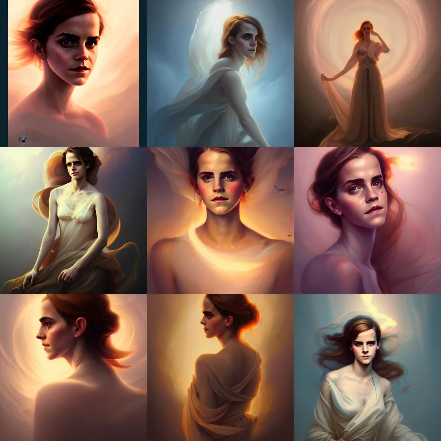Prompt: portrait of emma watson concept art draped in light fabric delicate soft lighting, by peter mohrbacher