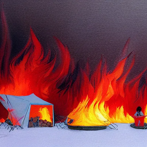 Image similar to a camp with tents on fire, burning down, shadows of 3 girls watching the camp burn, snow, painted by Sylvain Sarrailh