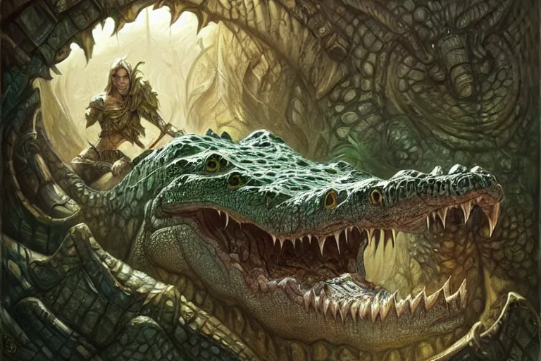 Image similar to crocodile lair, deep focus, d & d, fantasy, intricate, elegant, highly detailed, digital painting, artstation, concept art, matte, sharp focus, illustration, hearthstone, art by artgerm and donato giancola and james gurney