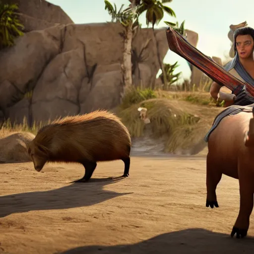 Image similar to female jedi riding a giant capybara into battle unreal 5, hyperrealistic, realistic, photorealistic, dynamic lighting