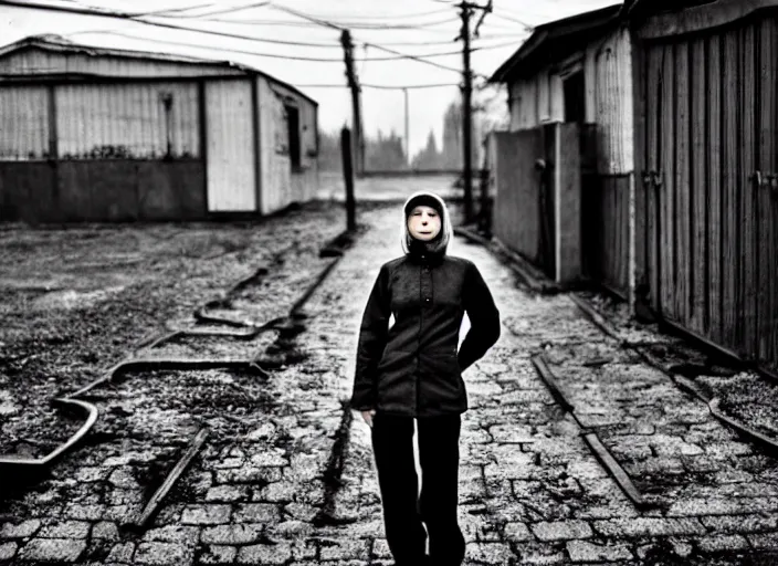 Prompt: 2 0 years old female gopnik, soviet yard, typical russian atmosphere, symmetrical, cinematic, real photography