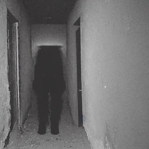 Image similar to hi - 8 night vision camera found - footage of a barely visible, human - like minotaur, shrouded in darkness at the end of an extremely dark, unlit hallway in a basement of an abandoned house