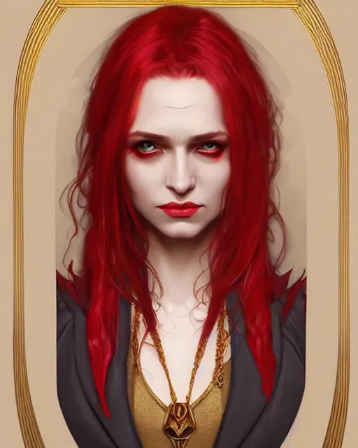 Image similar to female queen vampire, perfect face, gold waistcoat, red shirt, long grey hair, red necktie, cinematic, stunning, highly detailed, digital painting, artstation, smooth, hard focus, illustration, art by artgerm and greg rutkowski and alphonse mucha