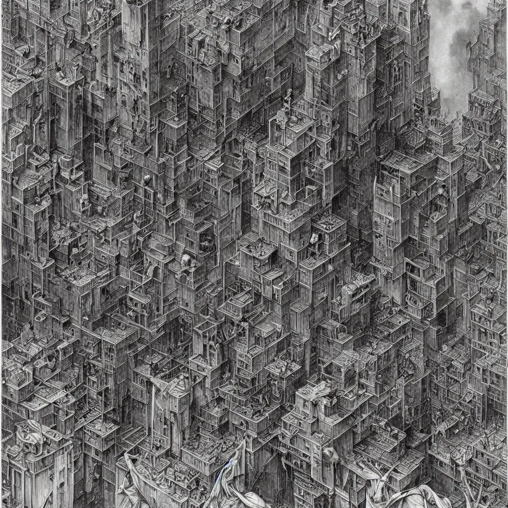 Prompt: city of feeble eldritch beings, , clear view of civilians, Mattias Adolfsson!!!, Piranesi!!, Zdzisław Beksiński!, isometric, greeble, modern European ink painting, storybook illustration, watercolor, dystopian, surrealism