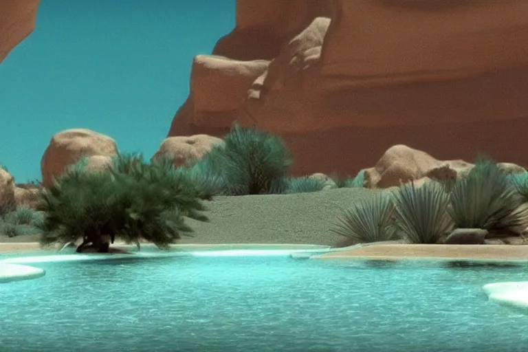 Prompt: desert oasis in a translucent aqua casing electronic environment, ps 3 screenshot, still from a kiyoshi kurosawa movie