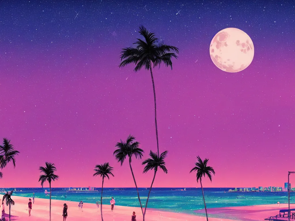 Image similar to night on a summer miami beach, city on the background, palm trees, footprints in the sand, full moon reflected in the calm ocean, starry sky, 8 k, ultra detailed, trending on artstation, digital painting, synthwave and retrowave style, pink color scheme