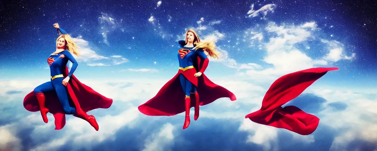 Prompt: a far off shot of supergirl flying amongst the clouds on the edge of space and stars artgerm