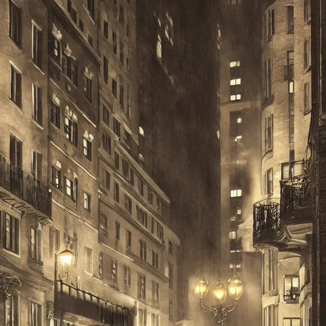 Image similar to ultra - realistic painting gothic 1 9 2 0 s 1 0 - storey hotel in downtown boston overlooking a dark street, atmospheric lighting, gloomy, foreboding