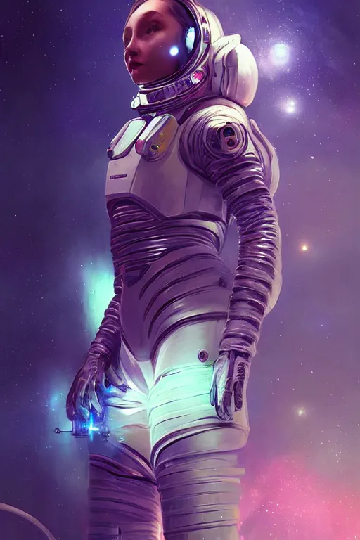 Image similar to portrait armored astronaut girl, control spaceship at commander room, ssci-fi, neon light and galaxy light effect, fantasy, intricate and very very beautiful and elegant, highly detailed, digital painting, artstation, concept art, smooth and sharp focus, illustration, art by tian zi and WLOP and alphonse mucha