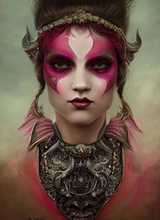 Prompt: portrait of pink vampire, symmetric, facepaint facepaint facepaint, intricate jewelry, trending on artstation 4 k, high quality, in the style of karol bak and tom bagshaw, tattoos