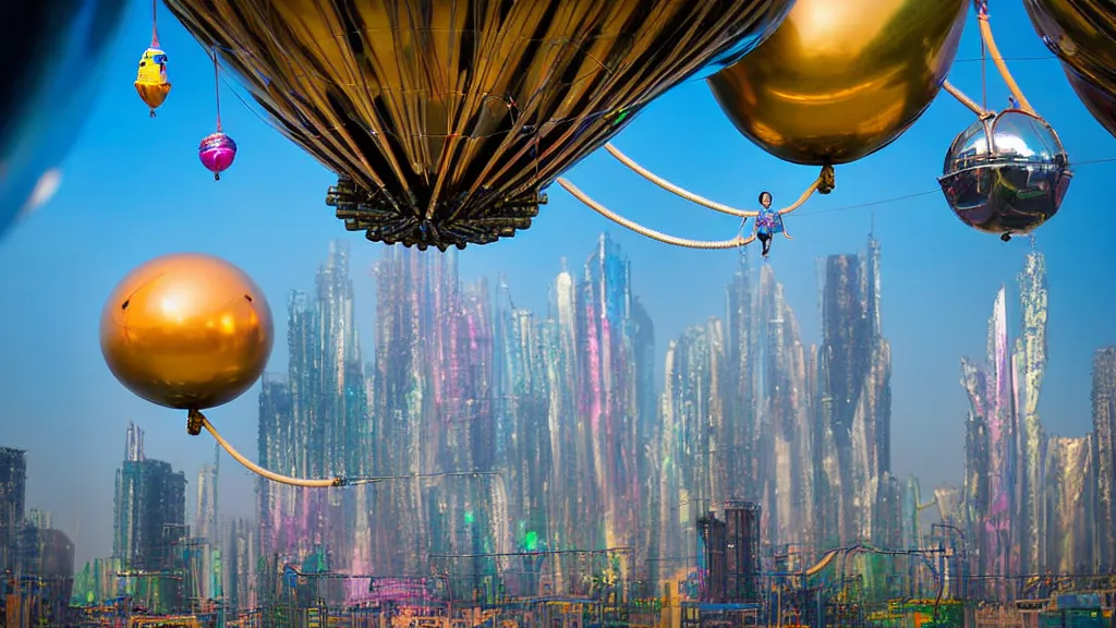 Image similar to large colorful futuristic space age metallic steampunk balloons with pipework and electrical wiring around the outside, and people on rope swings underneath, flying high over the beautiful futuristic city landscape, professional photography, 8 0 mm telephoto lens, realistic, detailed, photorealistic, photo journalism