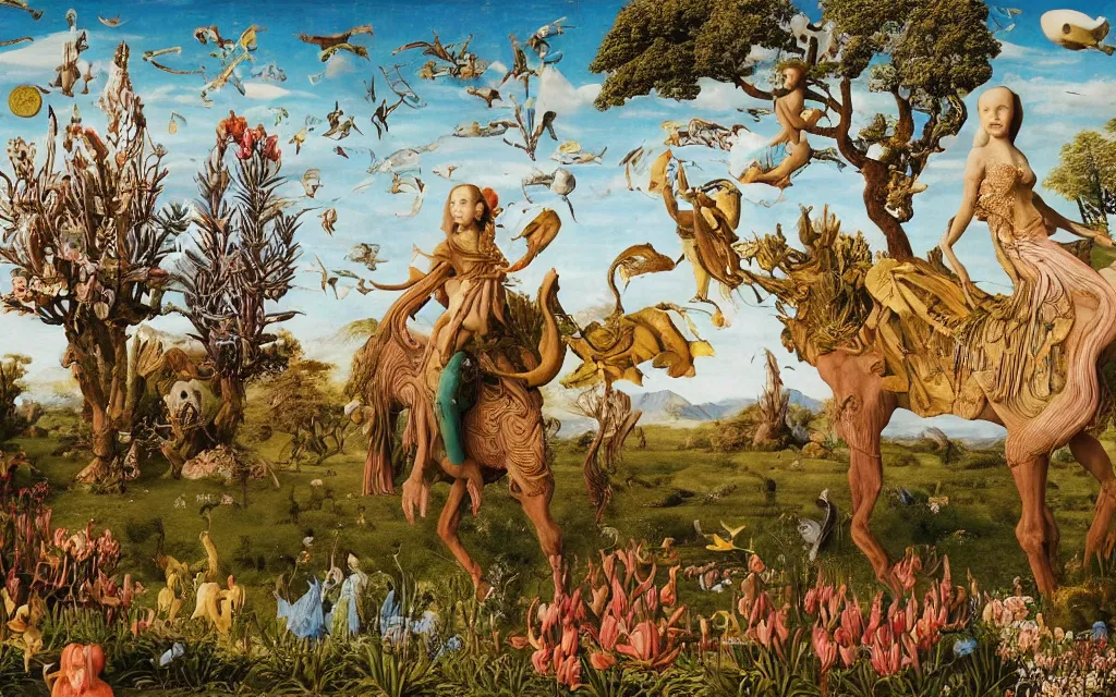 Image similar to a portrait photograph of a meditating sphinx and a centaur king riding birds at a river delta. surrounded by bulbous flowers, animals, trees. mountain range under a vast blue sky of burning stars. painted by jan van eyck, max ernst, ernst haeckel and ernst fuchs, cgsociety, artstation, fashion editorial, 8 k
