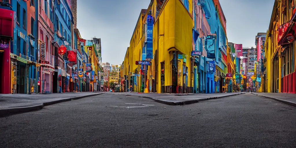 Prompt: Vibrant Color Photograph of an empty city street. Full color Award winning photography. Canon EOS R3.