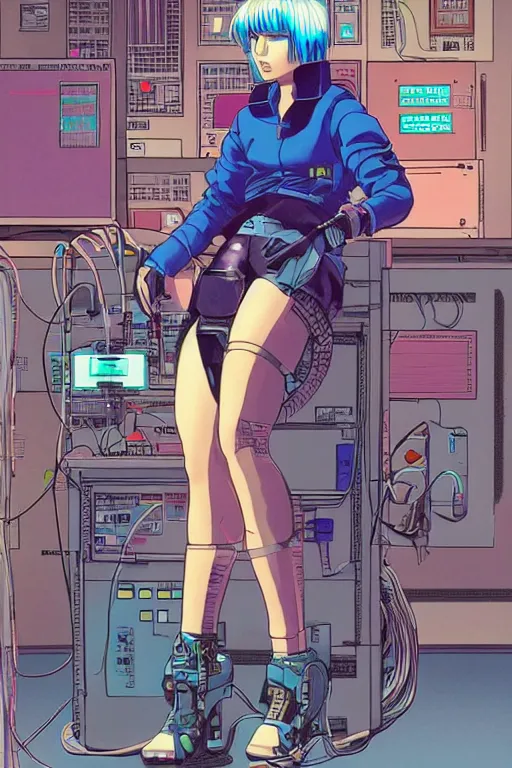 Image similar to cyberpunk illustration of motoko kusanagi seated in the lab, with wires and cables coming out of her head and back, by moebius, masamune shirow and katsuhiro otomo, colorful, detailed, side view