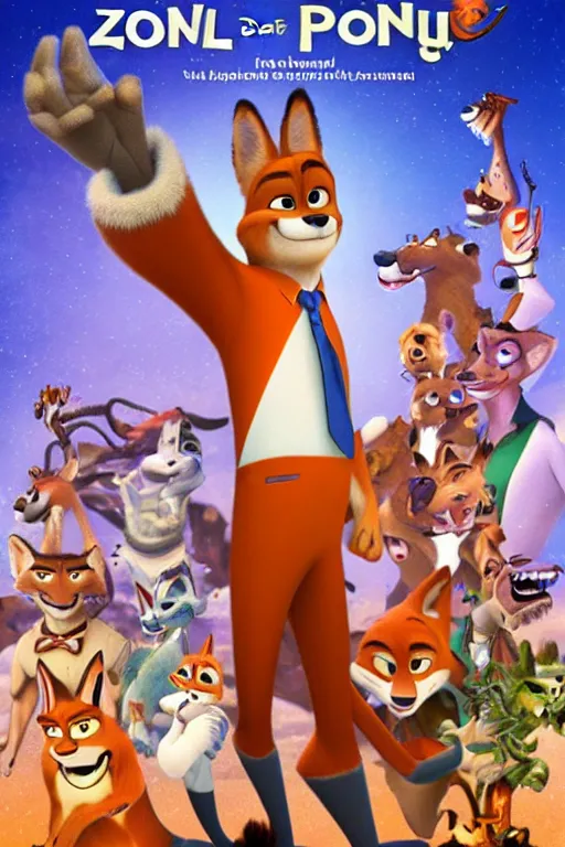 Image similar to nick wilde from zootopia fox furry anthro on a movie poster cover in the style of famous artist don bluth