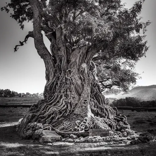 Image similar to an old living tree with a carving of the goddesses fraya, award winning photo, day time photos, 8 k photography.