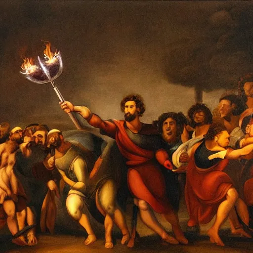 Image similar to a painting of Yair Lapid holding a torch and leading a crowd of people in the style of Michaelangelo