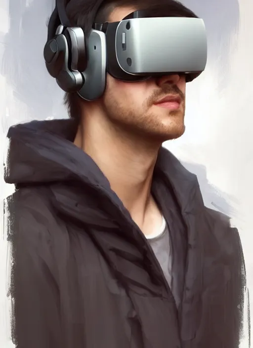 Prompt: man wearing futuristic headset, AR, VR, human computer, VR headset, digital art from artstation by Ruan Jia and Mandy Jurgens and Artgerm and william-adolphe bouguereau