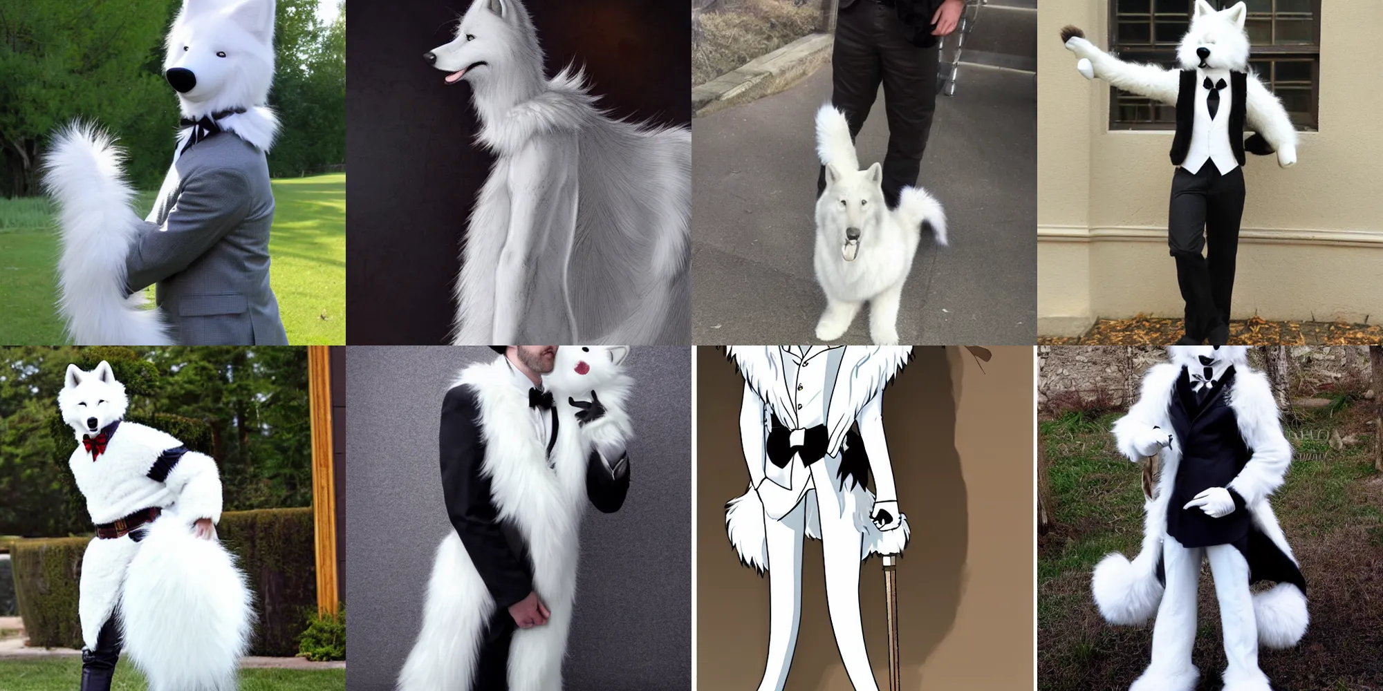 Prompt: anthropomorphic gentleman white wolf with a big fluffy tail