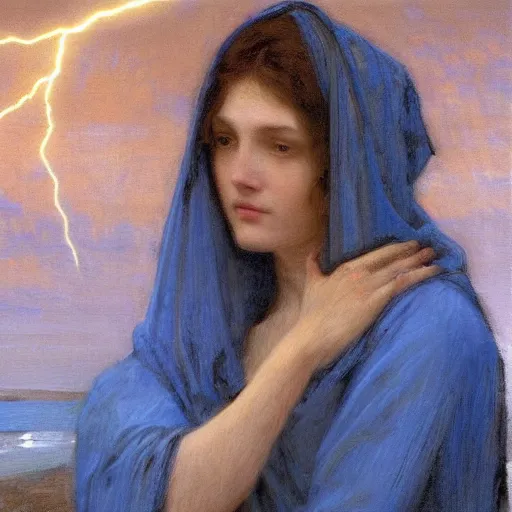 Prompt: painting of a distant figure in a blue robe standing on a dune in front of a lightning strike artwork by wlop and john william waterhouse and Edwin Longsden Long and Nasreddine Dinet and Theodore Ralli trending on artstation, very coherent symmetrical artwork high detail 8k