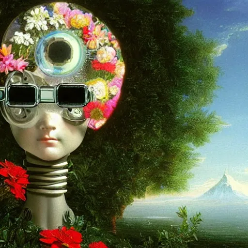 Prompt: a highly detailed painting by Thomas Cole of a vaporwave alternative reality mirror, robot head with flowers growing out, highly detailed 3d rendering from 1996