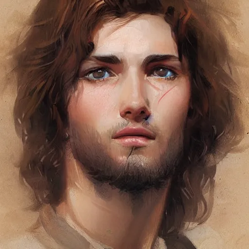 Image similar to colorful detailed portrait of a young shepherd with soft hair, brown hair, Greg Rutkowski