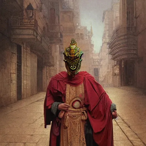 Image similar to portrait of masked Byzantine Tang Dynasty dancer on the art deco streets of the Undying Empire city of ya-Sattra during the Festival of Masks, award-winning realistic sci-fi concept art by Beksinski, Bruegel, Greg Rutkowski, Alphonse Mucha, and Yoshitaka Amano