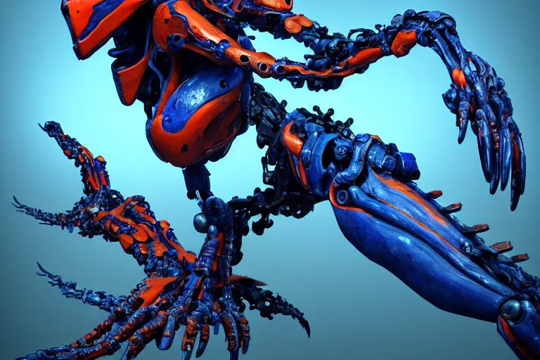 Prompt: portrait of a posed hyper detailed kaki and ultramarine leaplasher evangelion realistic mechanical and fleshy organic creature similar look as horizon forbidden west horizon zero dawn bioluminiscence in a dark deep forest at dawn in spring, with reflection and textures, by kilian eng, substance painter reaslitic mech surface metal painted scratches