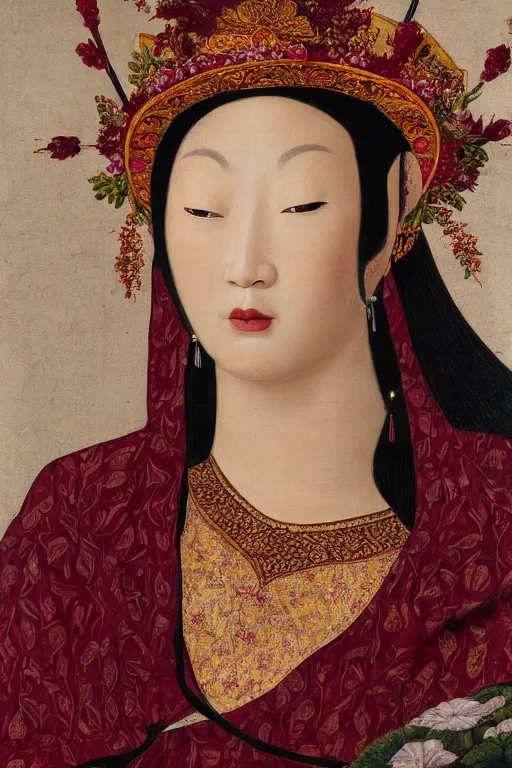 Prompt: hyperrealism close - up mythological portrait of an exquisite medieval asian woman's shattered face partially made of maroon flowers in style of classicism, wearing white silk dress, red palette