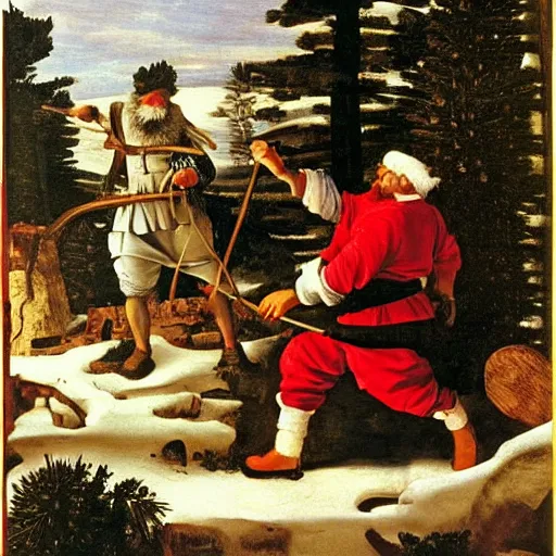 Prompt: Father Christmas cutting down a pine tree with an axe. Painted by Caravaggio