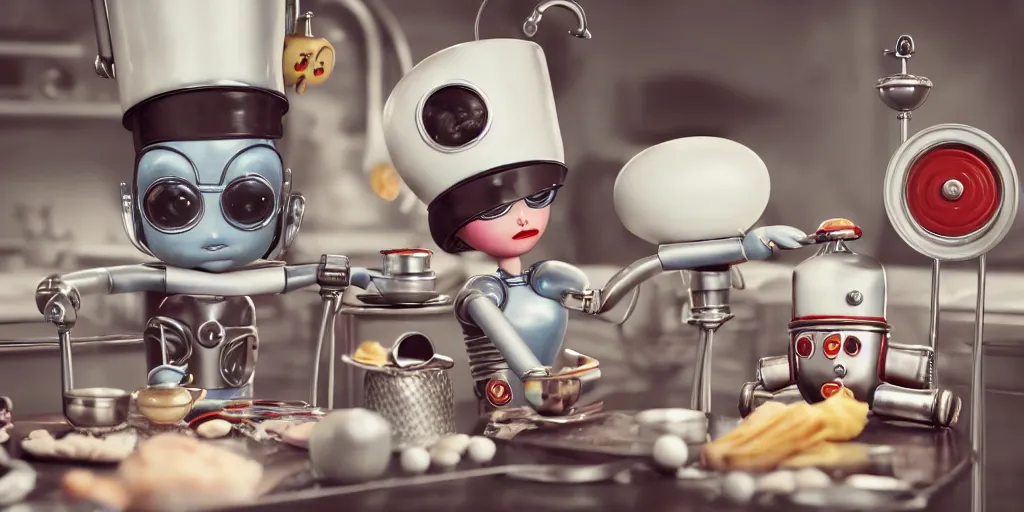 Image similar to closeup portrait of tin toy retro robot chef cooking pastry in a kitchen, depth of field, zeiss lens, detailed, centered, fashion photoshoot, by nicoletta ceccoli, mark ryden, lostfish, breathtaking, 8 k resolution, extremely detailed, beautiful, establishing shot, artistic, hyperrealistic, octane render