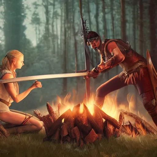 Image similar to An epic fantasy comic book style portrait painting of Elle Fanning sharpening a sword over a campfire, unreal 5, DAZ, hyperrealistic, octane render, cosplay, RPG portrait, dynamic lighting