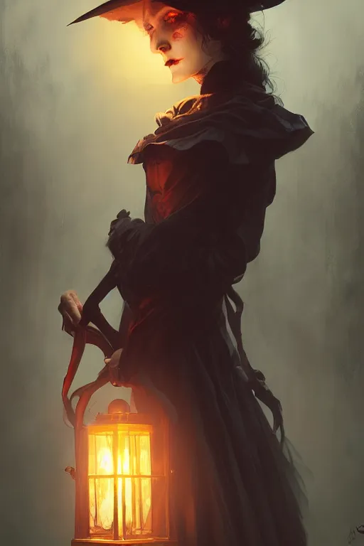 Image similar to portrait of a ghoulish victorian witch dark cheekbones holding a lantern, halloween night, charlie bowater, artgerm, ilya kuvshinov, krenz cushart, ruan jia, realism, ultra detailed, 8 k resolution