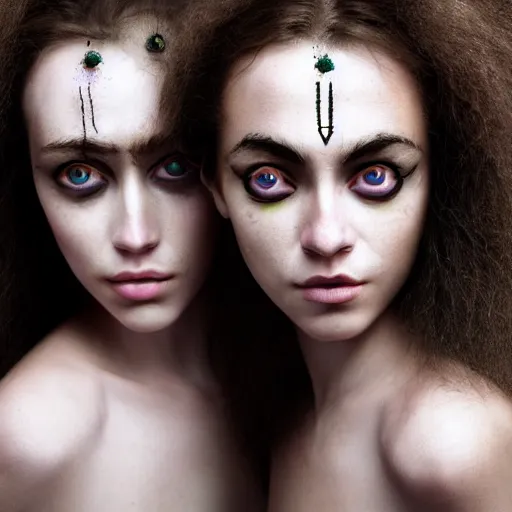 Image similar to three eyed goddesses, third eyes middle of foreheads, very wide wide shot, very hairy bodies, beautiful colors, eyes in forehead, beautiful lighting, detailed photographs, very detailed