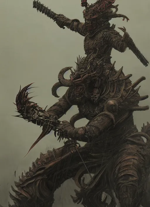 Image similar to Demon Samurai, in the style of Fenghua Zhong and Ruan Jia and Wayne Barlowe and Zdzislaw Beksinski and Giger, 8k, extremly detailed, stunning scene, raytracing, octane, trending on artstation