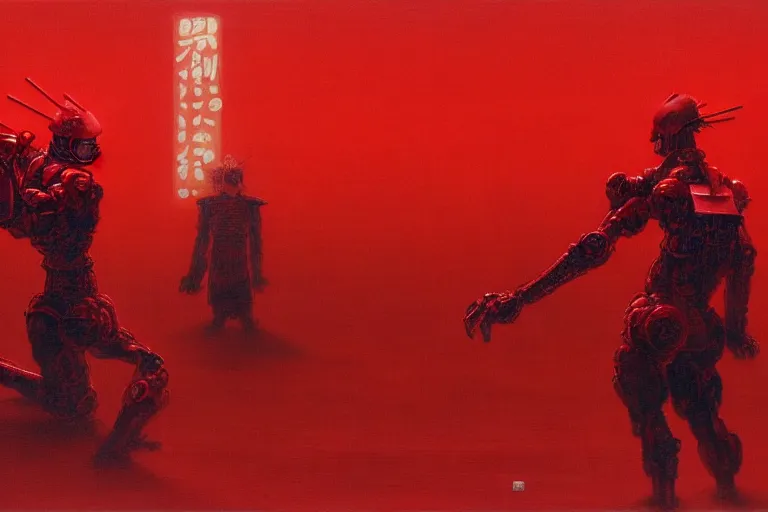 Image similar to only with red, a red cyborg samurai, tokio futuristic in background, some evil yokai fight, in the style of beksinski, parts by edward hopper, parts by rodcenko, parts by yue minjun, intricate and epic composition, red by caravaggio, insanely quality, highly detailed, masterpiece, red light, artstation, 4 k