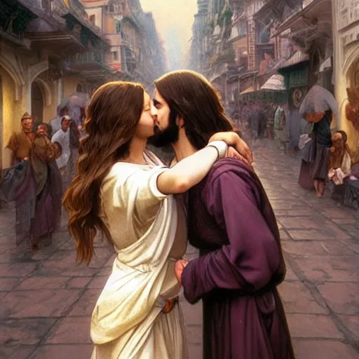 Image similar to jesus kissing a woman in a street, elegant, highly detailed, digital painting, artstation, concept art, matte, sharp focus, highly detailed, 4 k, hdr, smooth, sharp focus, high resolution, award - winning photo, photorealistic, art by artgerm and greg rutkowski and alphonse mucha, large shot