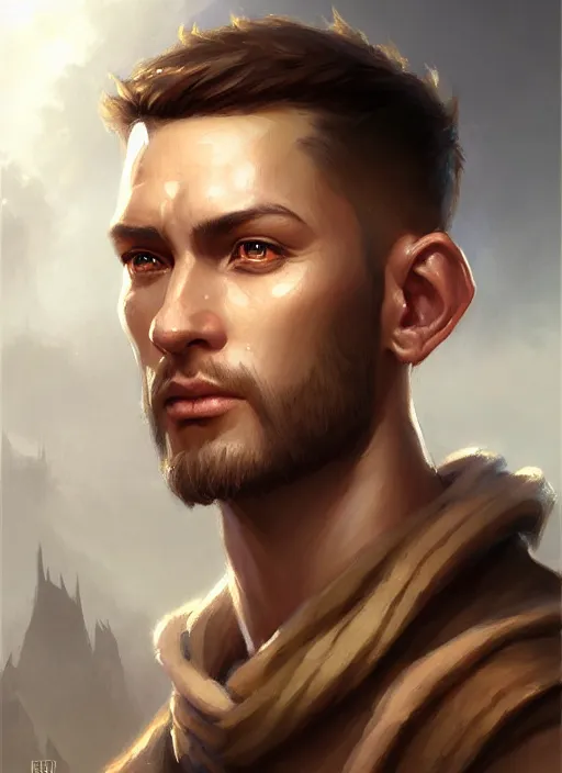 Image similar to a _ fantasy _ style _ portrait _ painting _ of light brown male short hair chiseled face big ears, rpg dnd oil _ painting _ unreal _ 5 _ daz. _ rpg _ portrait _ extremely _ detailed _ artgerm _ greg _ rutkowski _ greg