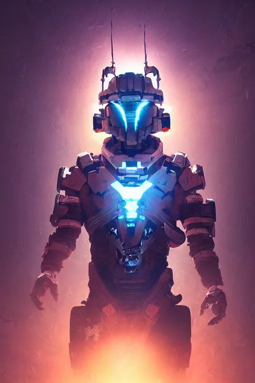 Image similar to strange creature in dead space space suit radiating a glowing aura with dark background, horizon forbidden west horizon zero dawn global illumination ray tracing hdr fanart arstation by ian pesty and alena aenami artworks in 4 k tribal robot ninja mask helmet backpack