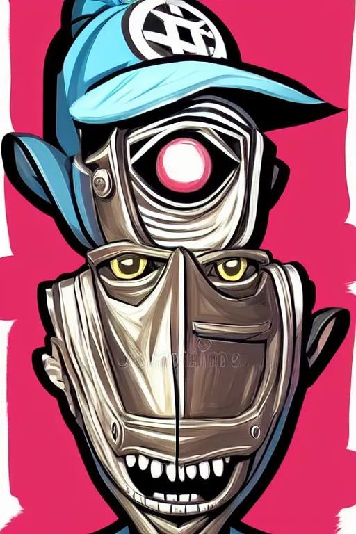 Image similar to masked skateboarder smile on face pop art, pixel, bioshock art style, face features, body features, ultra realistic art, digital painting, concept art, smooth, sharp focus, illustration, intricate, without duplication, elegant, confident posse, art by artgrem and richard hamilton and mimmo rottela, kirokaze and paul robertson