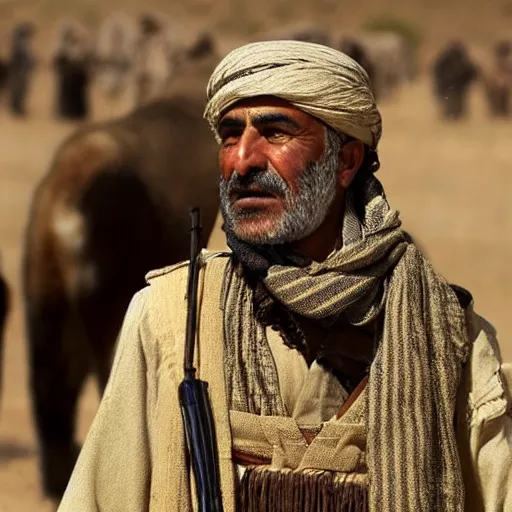 Image similar to Close up of a Kurdish shepherd wearing Kurdish clothes in a movie directed by Christopher Nolan, movie still frame, promotional image, imax 70 mm footage