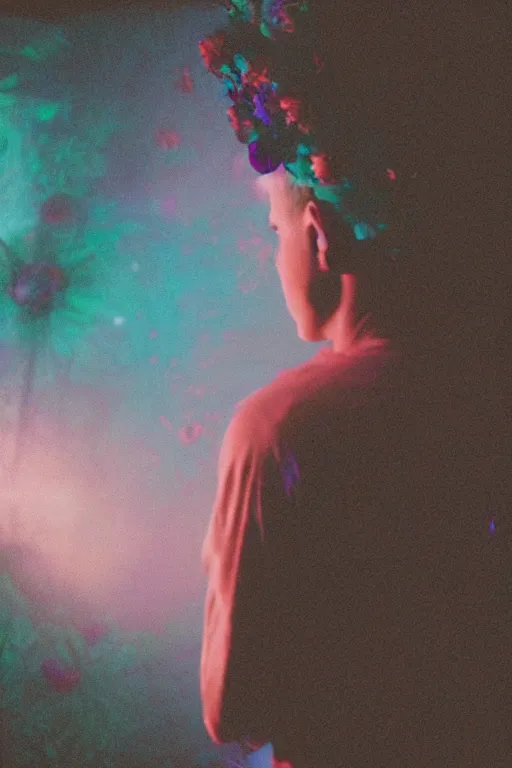 Image similar to kodak portra 4 0 0 photograph of a skinny guy looking into a otherworldly portal, flower crown, back view, vaporwave colors, grain, moody lighting, moody aesthetic,