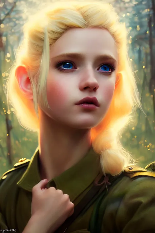 Image similar to cinematic shot of an epic portrait of a cute blonde fairy dressed in military clothes, stylised military clothes, shiny skin, beautiful eyes, beautiful, small details, night setting, realistic poster with volumetric light from craig mallism, artgerm, jeremy lipkin and michael garmash, unreal engine, radiant light, digital art, trends at art station, a masterpiece